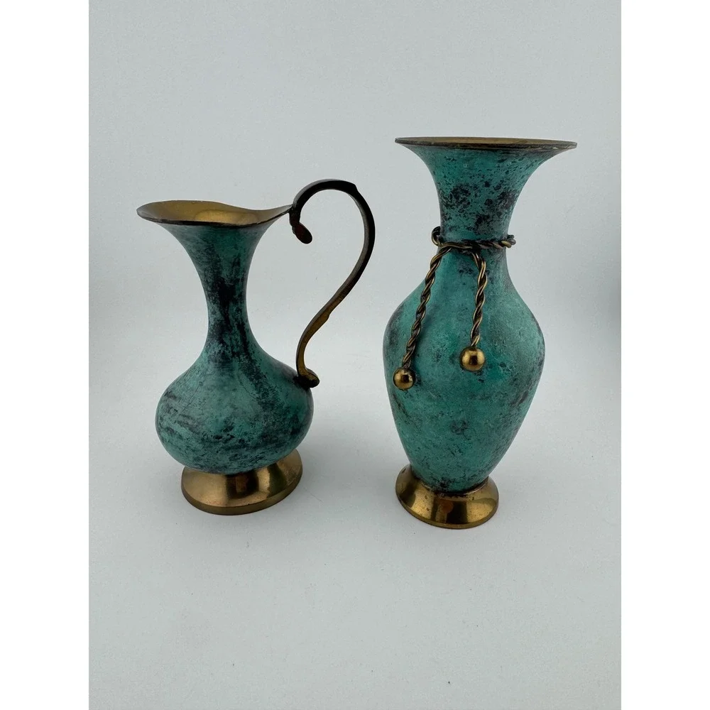 Vintage Brass Verdigris Vase and Pitcher Set Turquoise Patina‎ Made in India 2pc
